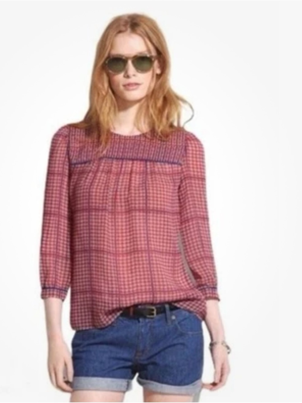 Madewell Womens Orange Blue Geometric Silk Blouse 3/4 Sleeve Top 59259 Size M